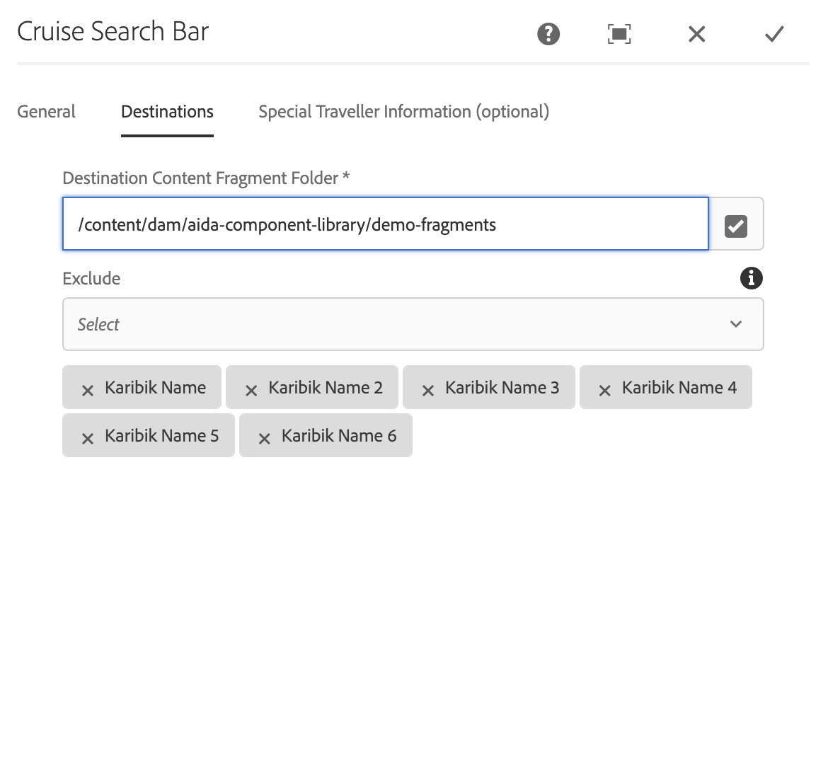 Cruise Search Bar: Destinations options
