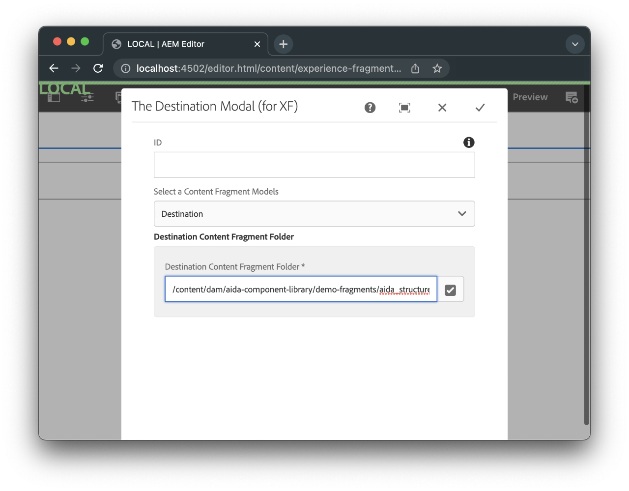 Select Content Fragment in the Experience Fragment