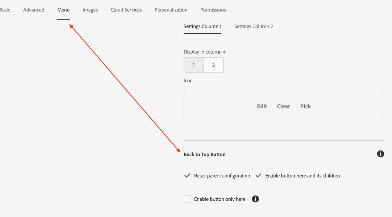 Page properties: Activate Back to top button