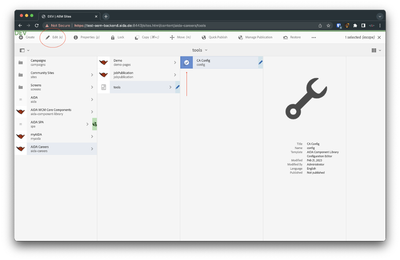 Go to AIDA Careers / Tools / CA Config