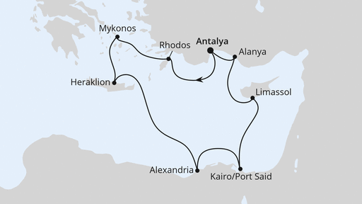 Routenverlauf Osterreise Östliches Mittelmeer mit Ägypten