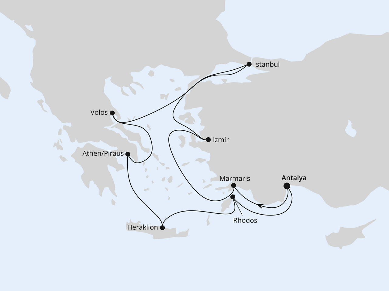 Routenkarte der Kreuzfahrt Östliches Mittelmeer mit Istanbul ab Antalya 2