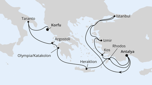 Routenverlauf Türkei, Griechenland & Italien ab Antalya