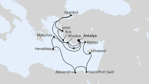 Routenverlauf Mittelmeer-Reise zu Ostern mit Ägypten & Türkei