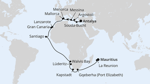 Routenverlauf Von Antalya über Namibia nach Mauritius