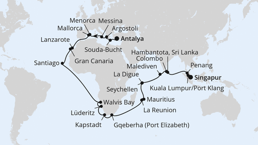 Routenverlauf Weltenbummler Mittelmeer, Afrika & Indischer Ozean
