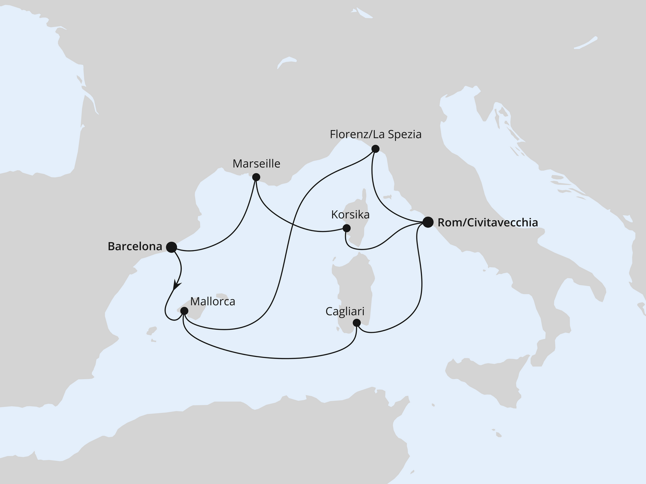 Routenkarte der AIDA Kreuzfahrt Spanien, Frankreich & Italien ab Barcelona 2