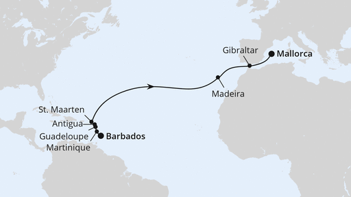 Routenverlauf Von Barbados über Madeira nach Mallorca