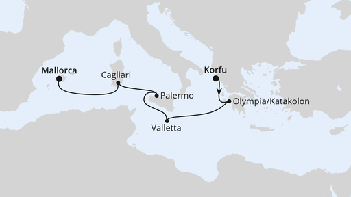 Routenverlauf Mittelmeerinseln von Korfu nach Mallorca