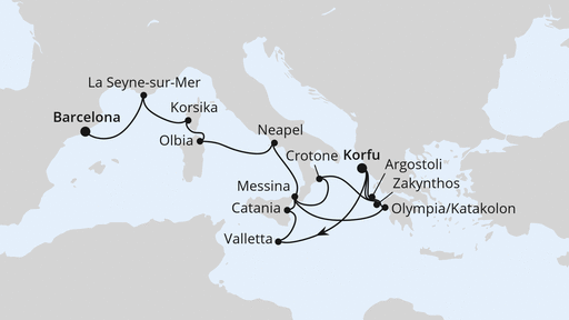 Routenverlauf Griechenland, Italien & Spanien ab Korfu 2