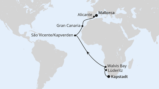 Routenverlauf Von Kapstadt über Namibia nach Mallorca
