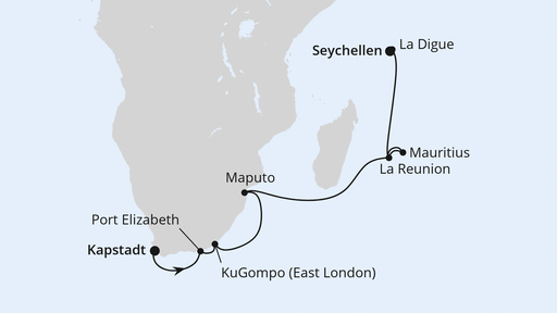Routenverlauf Südafrika, Mauritius & Seychellen