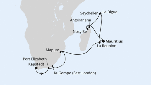 Routenverlauf Südafrika, Mauritius, Seychellen & Madagaskar