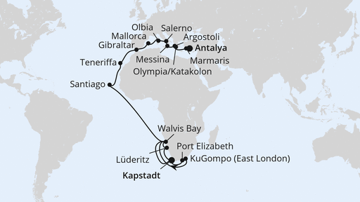 Routenverlauf Weltenbummler Südafrika, Namibia & Mittelmeer