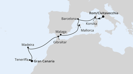 Routenverlauf Mittelmeer & Kanaren ab Civitavecchia