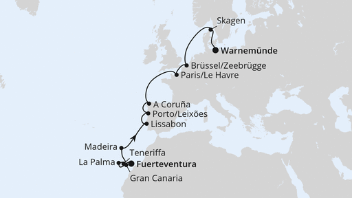 Routenverlauf Von Fuerteventura über Portugal nach Warnemünde