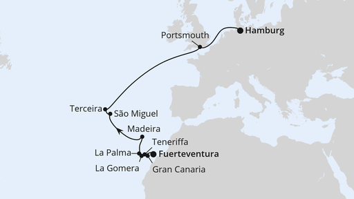 Routenverlauf Von Fuerteventura über die Azoren nach Hamburg