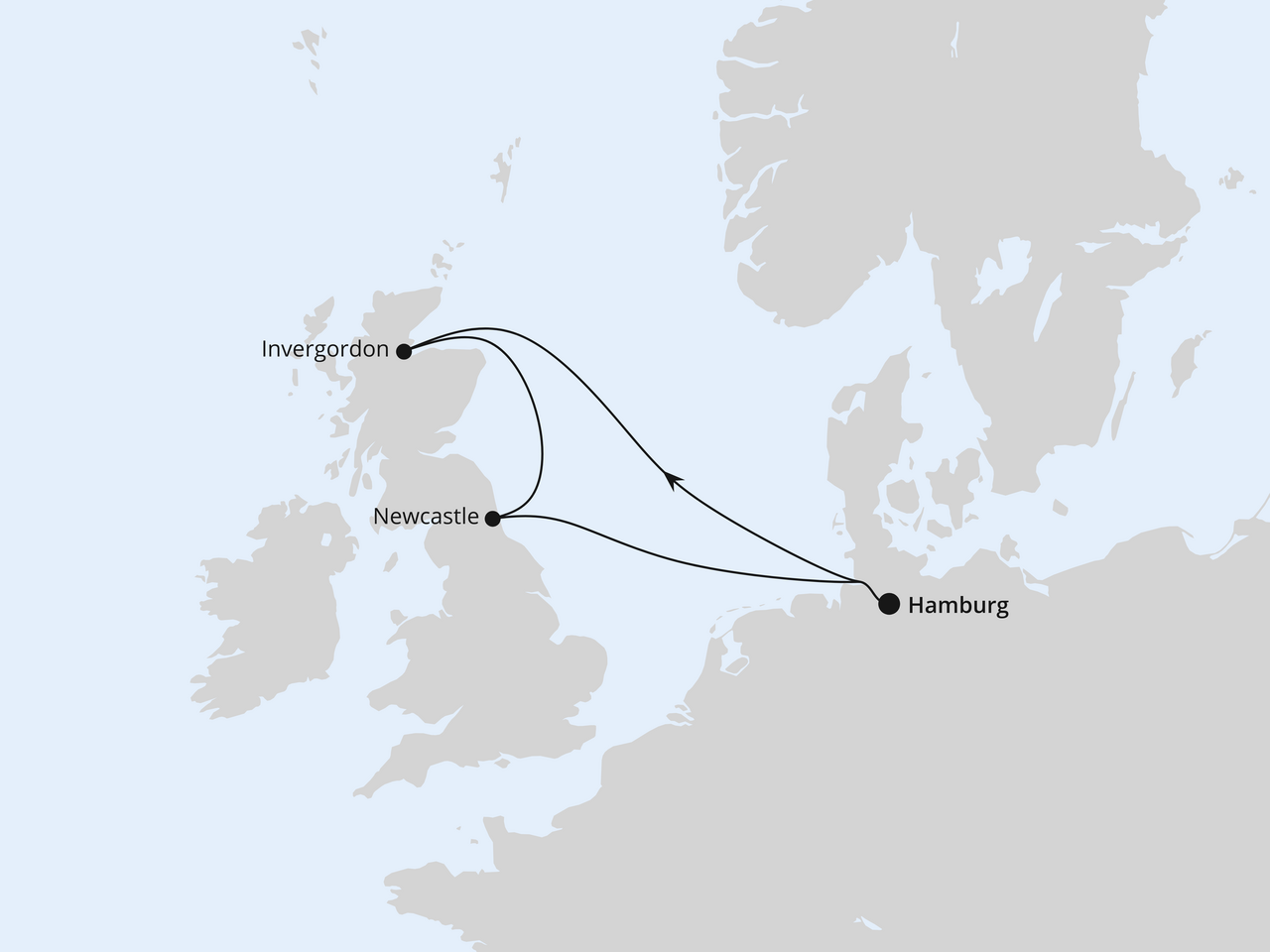 Routenkarte der AIDA Kreuzfahrt Kurzreise nach Schottland ab Hamburg