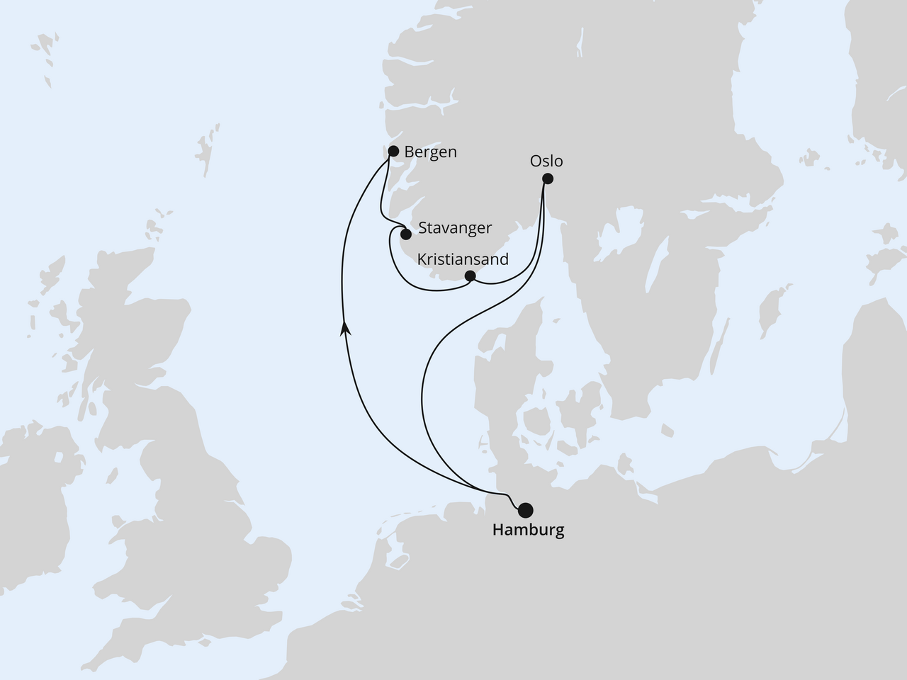 Routenkarte der AIDA Kreuzfahrt Südnorwegen ab Hamburg