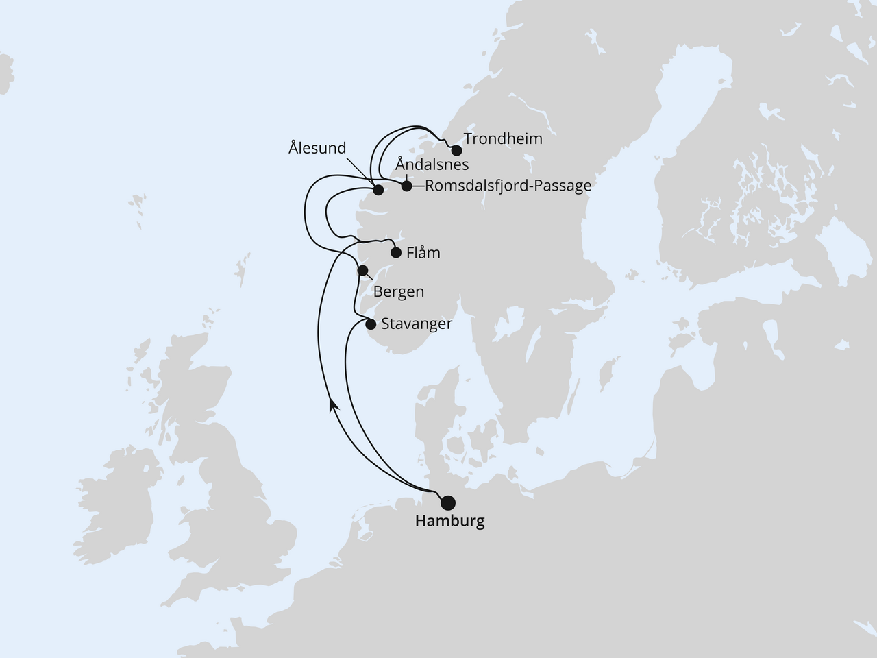 Routenkarte der AIDA Kreuzfahrt Norwegens Fjorde ab Hamburg