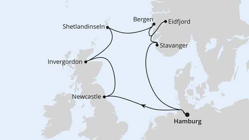 Routenverlauf Großbritannien & Norwegen ab Hamburg
