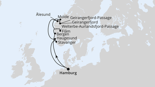 Routenverlauf Norwegens Fjord-Weltnaturerbe ab Hamburg 1