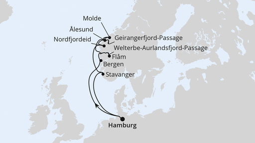 Routenverlauf Norwegens Fjord-Weltnaturerbe ab Hamburg 1