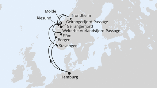 Routenverlauf Norwegens Fjord-Weltnaturerbe ab Hamburg 1