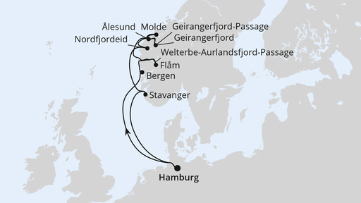 Routenverlauf Norwegens Fjord-Weltnaturerbe ab Hamburg 1