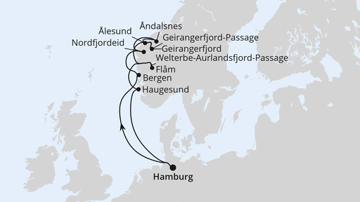 Routenverlauf Norwegens Fjord-Weltnaturerbe ab Hamburg 1