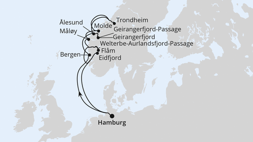 Routenverlauf Norwegens Fjord-Weltnaturerbe ab Hamburg 2