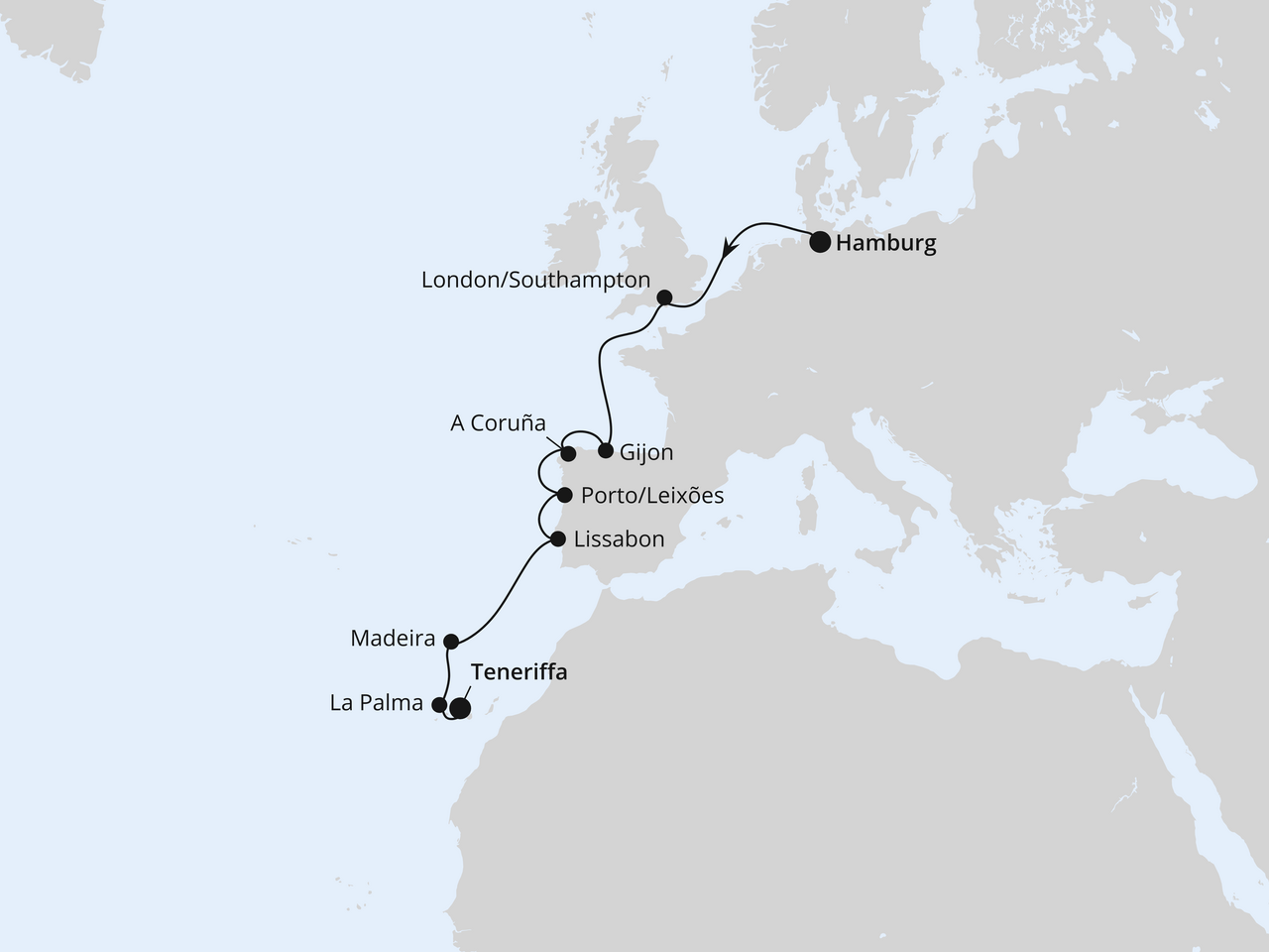 Routenkarte der Kreuzfahrt Westeuropa-Highlights ab Hamburg 3