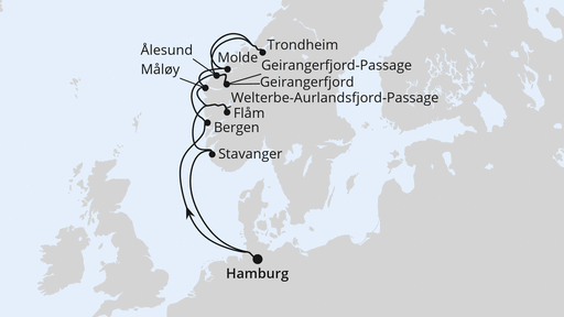 Routenverlauf Norwegens Fjord-Weltnaturerbe ab Hamburg 2