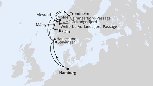 Routenverlauf Norwegens Fjord-Weltnaturerbe ab Hamburg 2