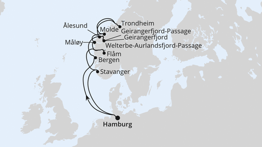 Routenverlauf Norwegens Fjord-Weltnaturerbe ab Hamburg 2