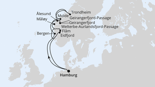 Routenverlauf Norwegens Fjord-Weltnaturerbe ab Hamburg 2