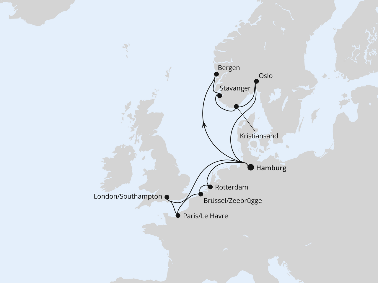 Routenkarte der AIDA Kreuzfahrt Metropolen & Südnorwegen ab Hamburg