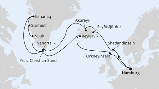 Routenverlauf Island & Grönland ab Hamburg
