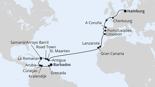 Routenverlauf Von Hamburg über die Kanaren nach Barbados