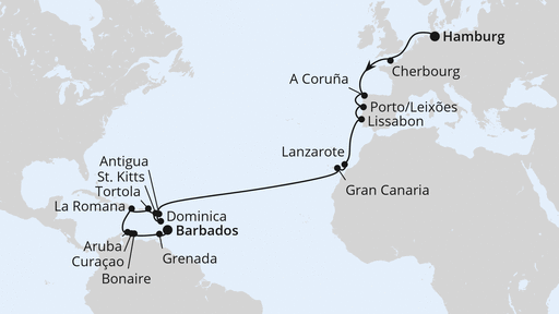 Routenverlauf Von Hamburg über die Kanaren nach Barbados