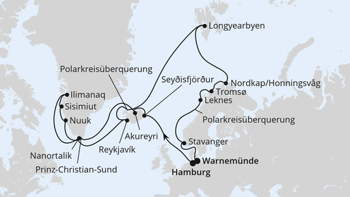 Routenverlauf Island, Grönland & Spitzbergen ab Hamburg