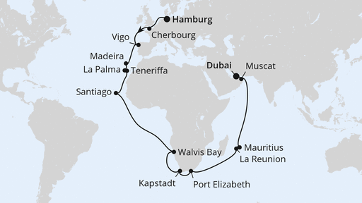 Routenverlauf Weltenbummler Kanaren, Südafrika & Mauritius 2