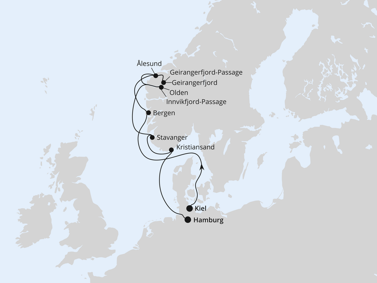 Routenkarte der AIDA Kreuzfahrt Norwegens Fjord-Weltnaturerbe ab Kiel