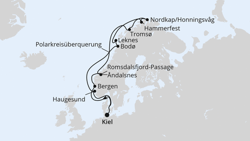 Routenverlauf Norwegen mit Lofoten & Nordkap ab Kiel