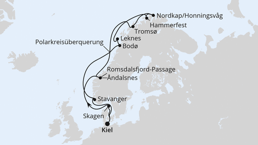Routenverlauf Norwegen mit Lofoten & Nordkap ab Kiel