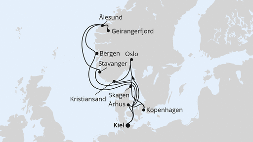 Routenverlauf Große Skandinavien-Reise ab Kiel