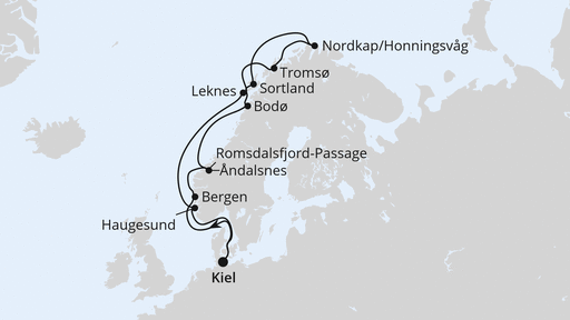 Routenverlauf Norwegen mit Lofoten & Nordkap ab Kiel