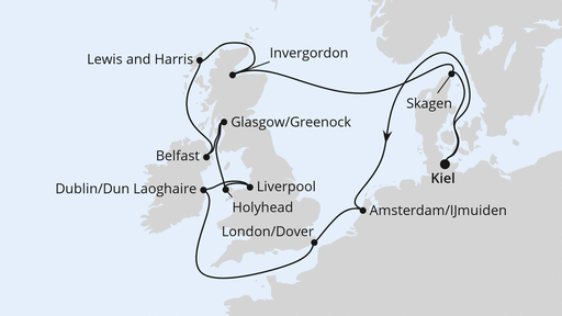 Routenverlauf Großbritannien & Irland ab Kiel