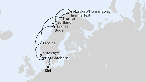 Routenverlauf Norwegen mit Lofoten & Nordkap ab Kiel