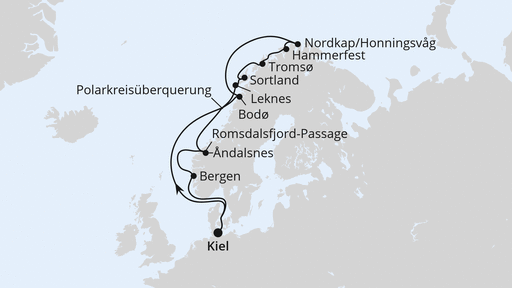 Routenverlauf Norwegen mit Lofoten & Nordkap ab Kiel